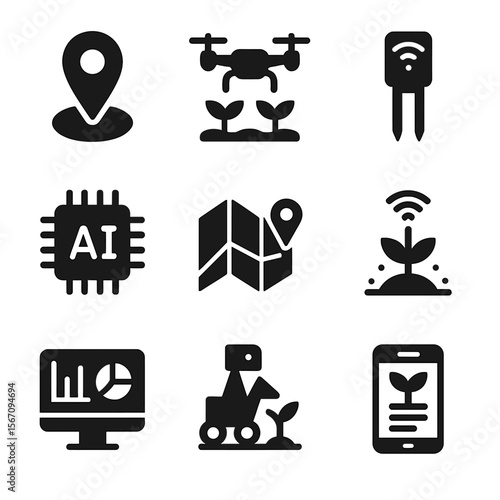 Smart Farming Icons. Solid, filled icon set of smart farming tech: GPS tracker, drone, soil sensor, AI controller, digital map,