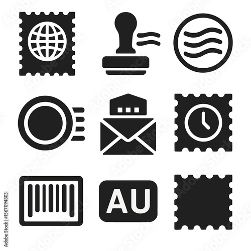 International Mail Icons. Solid, filled icons set of international mail stamps: globe stamp, customs ink,
