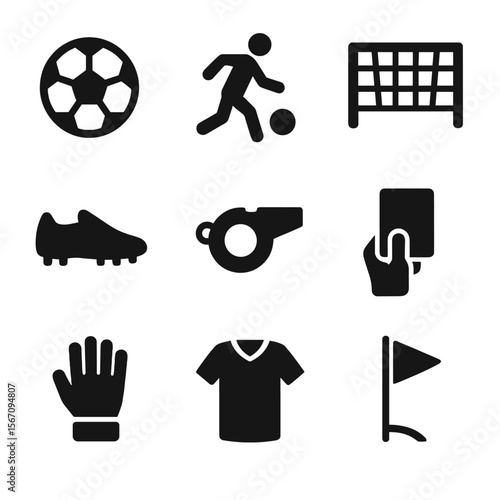 Soccer Icon Set. Solid, filled icon set of kicking a soccer ball: soccer ball, player kicking, goalpost, cleats, whistle, referee