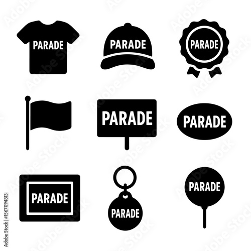 Parade Souvenirs Icons. Solid, filled icon set of parade souvenirs and memorabilia: T-shirts, hats, badges, posters, flags,