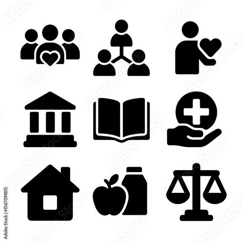 Social Benefits Icons. Solid, filled icon set of social benefits: community support, networking, volunteering, public services,
