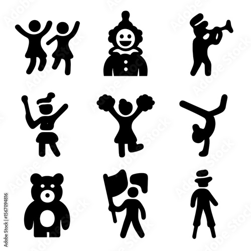 Parade Performers Icons. Solid, filled icon set of parade performers: dancers, clowns, musicians, baton twirlers, cheerleaders,