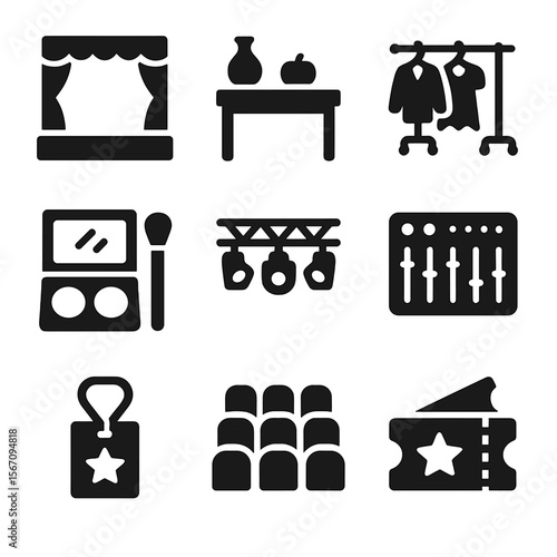 Theatrical Elements Icons. Solid, filled icon set of stage production: stage platform, props table, costume rack, makeup kit,