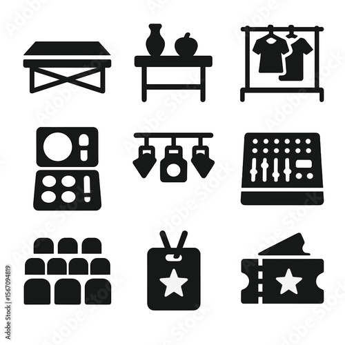 Theatrical Elements Icons. Solid, filled icon set of stage production: stage platform, props table, costume rack, makeup kit,