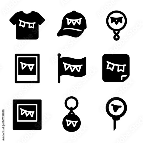 Parade Souvenirs Icons. Solid, filled icon set of parade souvenirs and memorabilia: T-shirts, hats, badges, posters, flags,