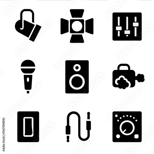 Theatre Equipment Icons. Solid, filled icon set of theatrical lighting and sound: spotlight, stage light, sound mixer, microphone,