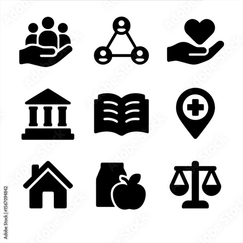 Social Benefits Icons. Solid, filled icon set of social benefits: community support, networking, volunteering, public services,