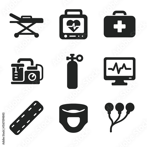 Paramedic Equipment Icons. Solid, filled icon set of paramedic vehicle equipment: stretcher, portable defibrillator, trauma bag,