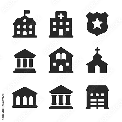 Social Institution Icons Grid. Solid, filled icon set of social institutions: school building, hospital, police badge, government