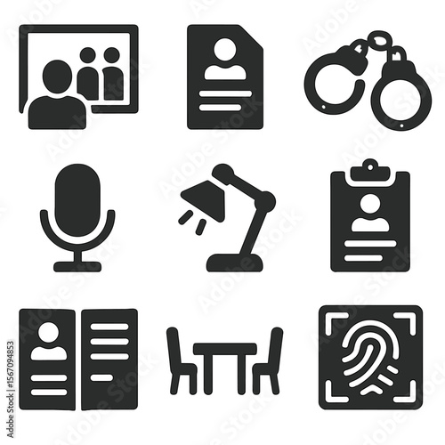 Interrogation Icons Set. Solid, filled icons set of interrogation and suspect processing: two-way mirror,