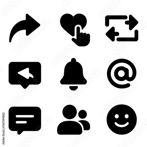Social Media Icons Grid. Solid, filled icon set of social media engagement: share arrow, heart click, retweet icon, story reply,