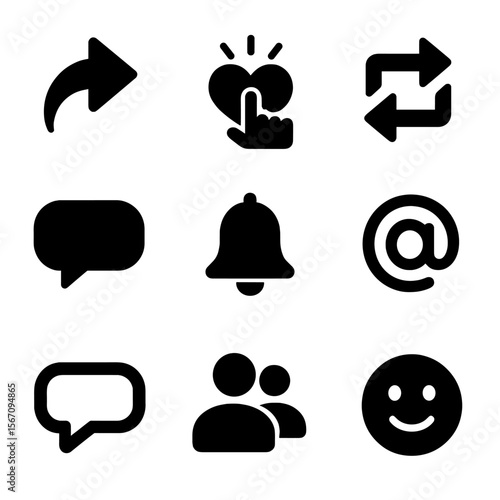 Social Media Icons Grid. Solid, filled icon set of social media engagement: share arrow, heart click, retweet icon, story reply,