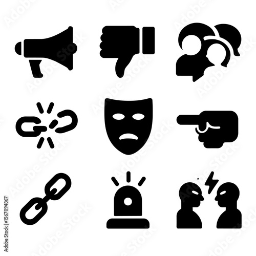 Social Pressure Icons. Solid, filled icon set of social pressure symbols: megaphone, thumbs down, gossip bubbles, broken chain,