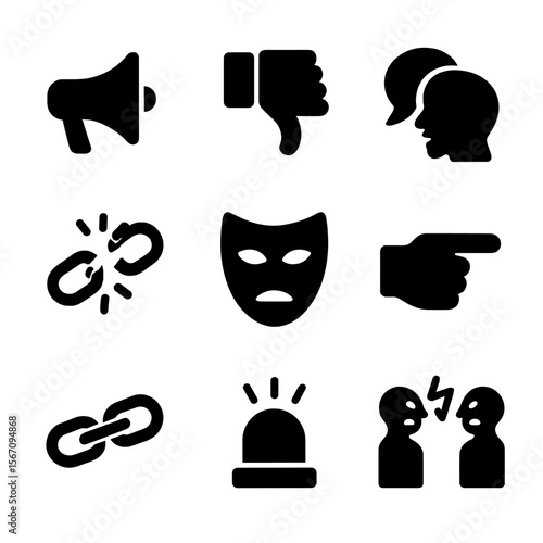 Social Pressure Icons. Solid, filled icon set of social pressure symbols: megaphone, thumbs down, gossip bubbles, broken chain,