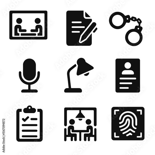 Interrogation Icons Set. Solid, filled icons set of interrogation and suspect processing: two-way mirror,