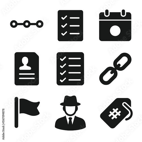 Investigative Icons Set. Solid, filled icons set of investigative case tracking and workflow: timeline icon,