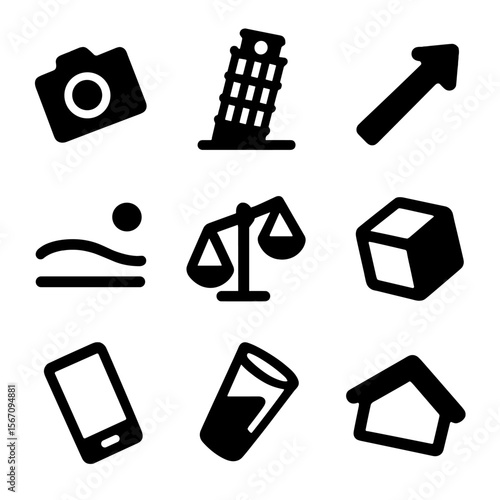 Tilt Icons Set. Solid, filled icon set of tilt concepts: tilted camera, leaning tower, slanted arrow, tilted horizon, unbalanced