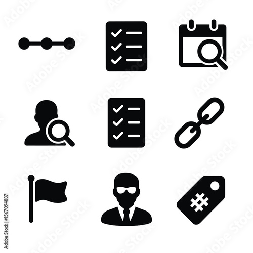 Investigative Icons Set. Solid, filled icons set of investigative case tracking and workflow: timeline icon,