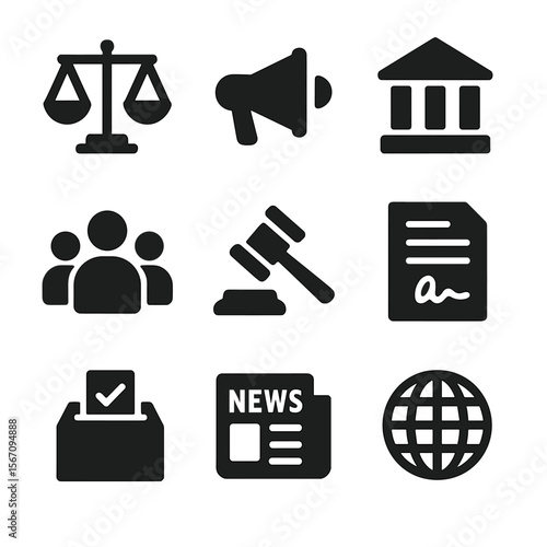 Societal Symbols Grid. Solid, filled icon set of societal expectations: scale of justice, megaphone, government building, group of