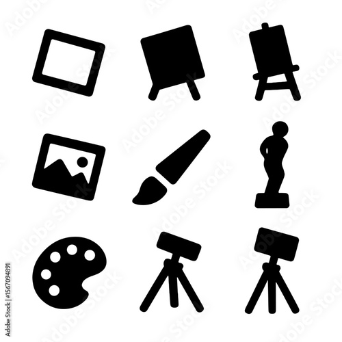 Tilted Icon Set. Solid, filled icon set of tilt in art and photography: tilted frame, slanted canvas, leaning easel, tilted photo,