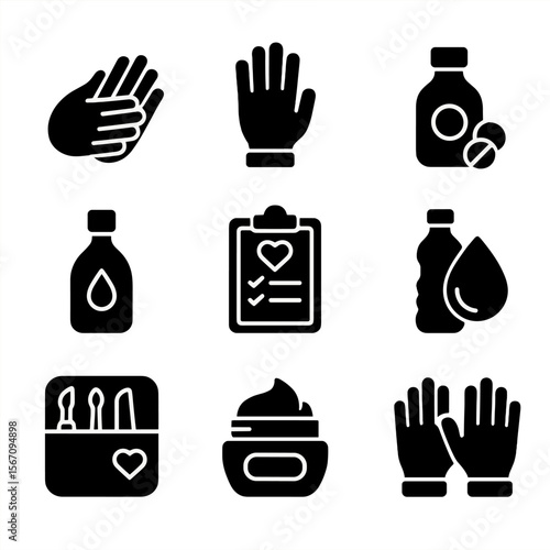 Soft Manicure Icons. Solid, filled icon set of Soft manicure self-care: hand massage, moisturizing gloves, nail strengthening
