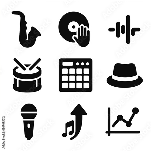 Jazz Hop Icons. Solid, filled icons set of jazz and hip-hop fusion: saxophone, vinyl scratch, bassline icon,