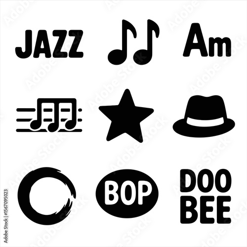 Jazz Icon Symphony. Solid, filled icons set of jazz music symbols: jazz font logo, swing eighths, chord symbol