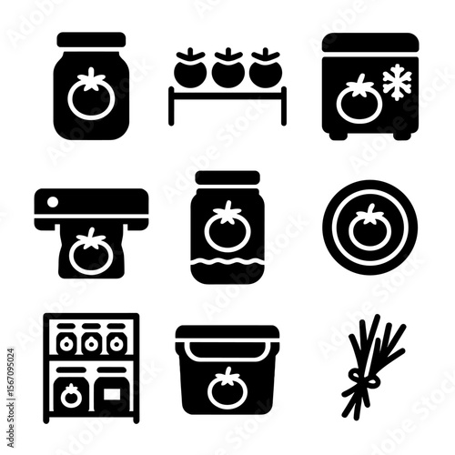 Tomato Preservation Icons. Solid, filled icon set of Tomato preservation: canning jar, drying rack, freezer box, vacuum sealer,