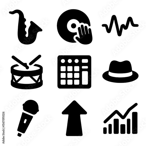 Jazz Hop Icons. Solid, filled icons set of jazz and hip-hop fusion: saxophone, vinyl scratch, bassline icon,