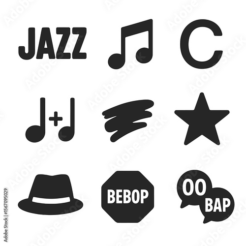 Jazz Icon Symphony. Solid, filled icons set of jazz music symbols: jazz font logo, swing eighths, chord symbol