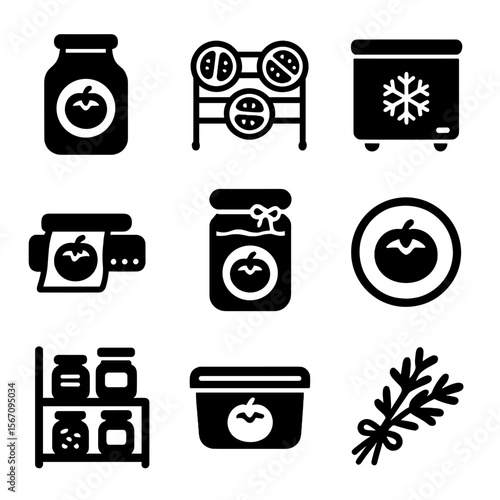 Tomato Preservation Icons. Solid, filled icon set of Tomato preservation: canning jar, drying rack, freezer box, vacuum sealer,