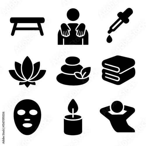 Spa Icon Set. Solid, filled icon set of spa and massage elements: massage table, hands on shoulders, essential oil dropper, lotus