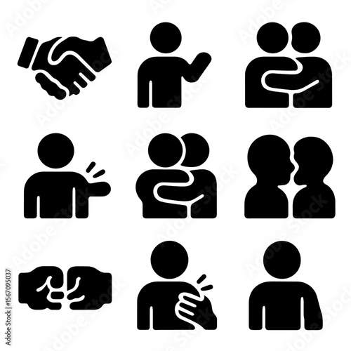 Touch Gesture Icons. Solid, filled icon set of touch-based cues: handshake, pat on back, hug, shoulder tap, high five, arm squeeze