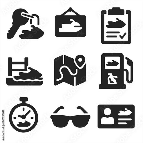 Jet Ski Rental Icons. Solid, filled icons set of jet ski rental services: jet ski key, rental sign, contract