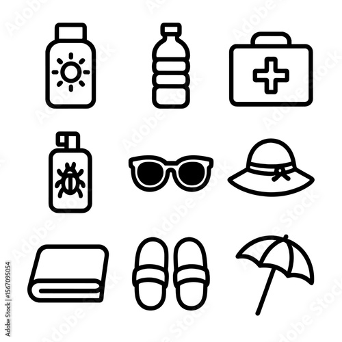 Spa Safety Essentials. Solid, filled icon set of spa party safety and comfort: sunscreen bottle, water bottle, first aid kit,