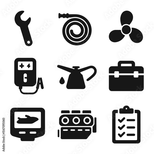 Jet Ski Tools Icons. Solid, filled icons set of jet ski maintenance tools: wrench, water hose, propeller,
