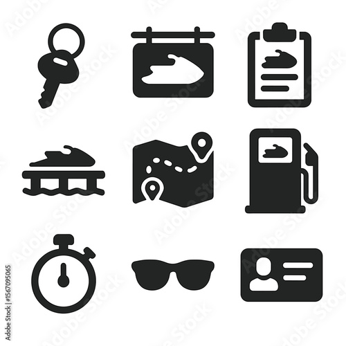 Jet Ski Rental Icons. Solid, filled icons set of jet ski rental services: jet ski key, rental sign, contract