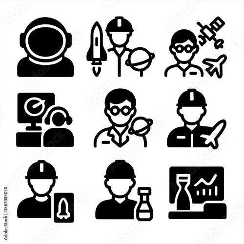 Space Career Icons. Solid, filled icon set of space industry careers: astronaut helmet, rocket engineer, satellite technician,
