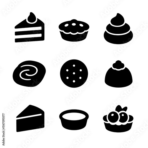 Pastry Icon Grid. Solid, filled icon set of pastry types: layered cake, tartlet, cream puff, Danish, biscuit, mousse, cheesecake,