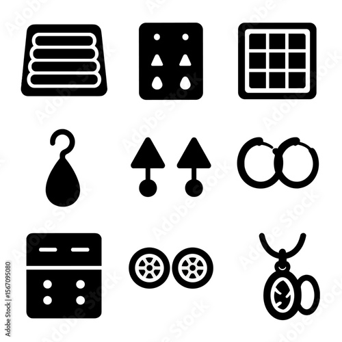 Jewelry Organizer Icons. Solid, filled icons set of organizing rings and earrings: foam ring roll, earring