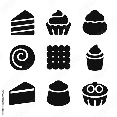 Pastry Icon Grid. Solid, filled icon set of pastry types: layered cake, tartlet, cream puff, Danish, biscuit, mousse, cheesecake,
