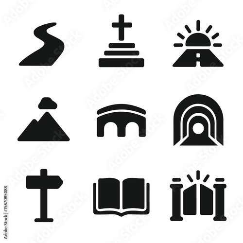Pathways to Belief Icons. Solid, filled icon set of pathways to belief: footpath forward, steps to altar, rising sun over road,