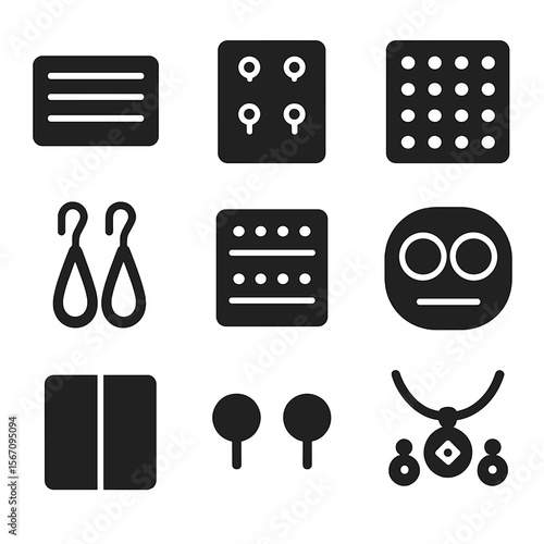 Jewelry Organizer Icons. Solid, filled icons set of organizing rings and earrings: foam ring roll, earring