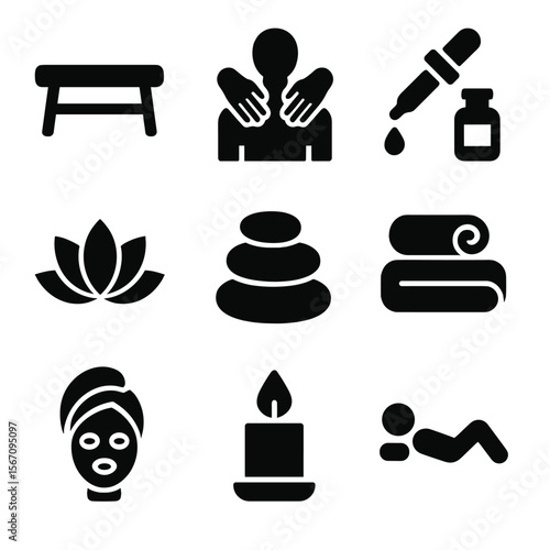 Spa Icon Set. Solid, filled icon set of spa and massage elements: massage table, hands on shoulders, essential oil dropper, lotus