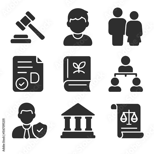 Juvenile Court Icons. Solid, filled icons set of juvenile court concepts: gavel, youth icon, parent figure,