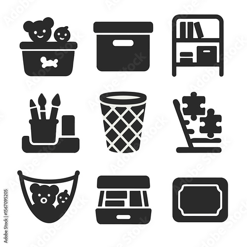 Kid's Room Icons. Solid, filled icons set of kid’s room organization: toy bin, labeled box, bookshelf, art