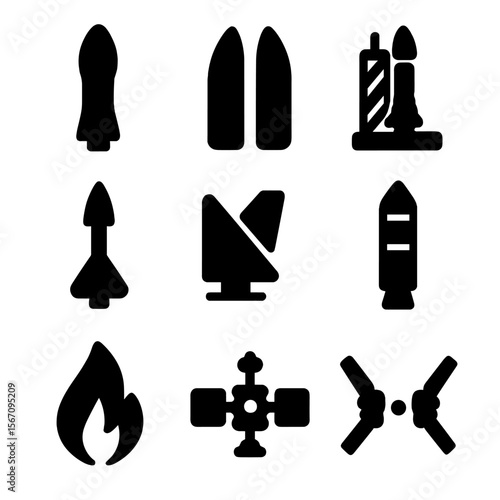 Space Launch Icons. Solid, filled icon set of launch systems for space probes: rocket stage, payload fairing, launch pad, escape