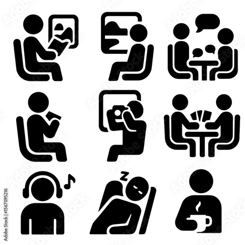 Train Journey Icons. Solid, filled icon set of train journey activities: reading book, window view, chatting group, eating snacks,