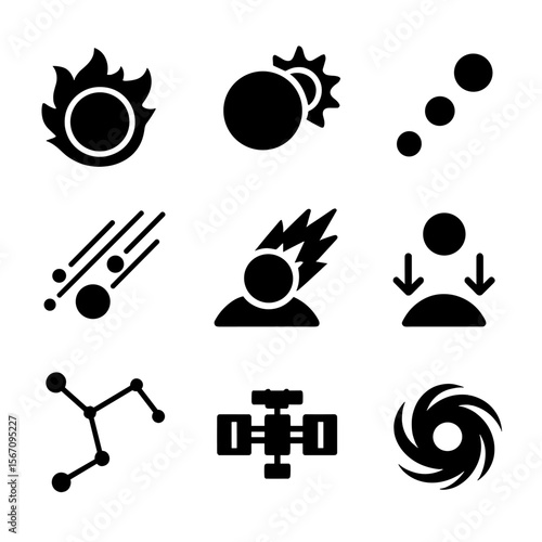 Space Phenomena Icons. Solid, filled icon set of space phenomena: solar flare, eclipse, planet alignment, meteor shower, asteroid