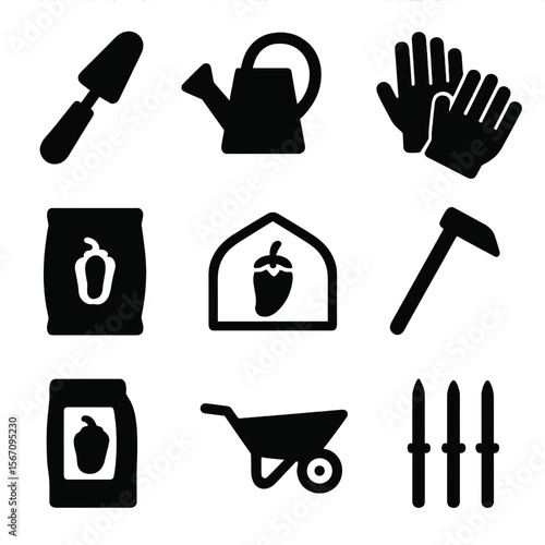 Pepper Farming Tools Icons. Solid, filled icon set of pepper cultivation tools: garden trowel, watering can, gloves, fertilizer